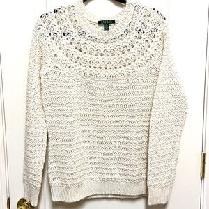 Lauren Ralph Lauren Alpaca Blend Open Knit Sweater L Cream Textured Pullover
